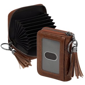 NISUN 9 Slot PU Leather RFID Blocking Pocket Sized Business Credit ATM Card Holder Case Zipper Wallet for Women Embossed Tassels Ladies Wallet - ( Brown, 8 x 2.5 x 10.5 cm )