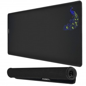 RiaTech Large Size (600mmx295mmx2mm) Peacock Print Extended Mouse Pad with Stitched Embroidery Edge, Non-Slip Rubber Base Mousepad for Laptop/Computer- Black with Black Border