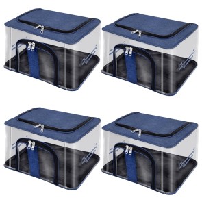 Storite 4 Pack Nylon 33 L PVC Transparent Moisture Proof Storage box for Clothes Closet Wardrobe Organizer Bag for Clothes with Carry Handle - (DarkBlue, 44 x 31 x 24 cm)