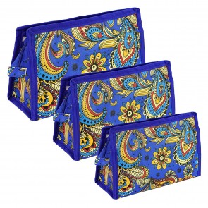 Storite Set of 3 Peacock Pattern Synthetic Travel & Cosmetic Pouch – Blue