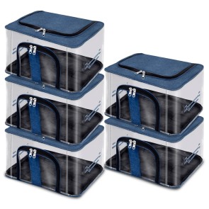 Storite 5 Pack Nylon 33 L PVC Transparent Moisture Proof Storage box for Clothes Closet Wardrobe Organizer Bag for Clothes with Carry Handle - (DarkBlue, 44 x 31 x 24 cm)