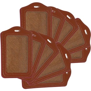 SAITECH IT 10 Pack PU Leather Clear ID Window ID Badge Holder Vertical ID Card Holder (Brown, 11x7 cm)