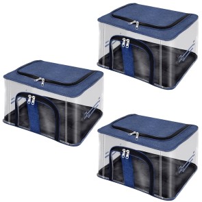 Storite 3 Pack Nylon 33 L PVC Transparent Moisture Proof Storage box for Clothes Closet Wardrobe Organizer Saree Bags for Clothes with Carry Handle - (DarkBlue, 44 x 31 x 24 cm)