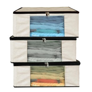 Storite 3 Pack Cotton Canvas Clothes Storage Bags/Saree Bags Covers with Zip for Storage Specially Design for Woman Dresses, Sarees, Lehengas for Wardrobe Organizer (42.2cm x 36cm x 20cm) Beige