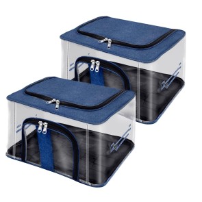 Storite 2 Pack Nylon 33 L PVC Transparent Moisture Proof Storage box for Clothes Closet Wardrobe Organizer Bag for Clothes with Carry Handle - (DarkBlue, 44 x 31 x 24 cm)