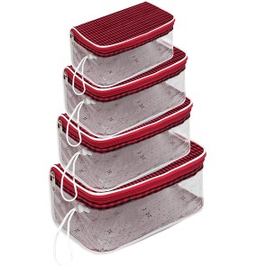 SNDIA Set of 4 Multipurpose Transparent Travel Pouch Makeup Bag Cosmetic Pouch for Women,Shaving Kit Toiletry Bag for Men (Red & Black Checks, 22.5 x 12 x 10 cm)
