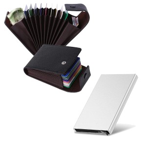 Storite Combo Pack 9 Slot Vertical PU Leather Wallet and Metal RFID Protected Pop Up Card Holder (Chocolate Dark Brown - 10.5 X 7 X 3 Cm, Silver - 9.5 x 6 Cm)