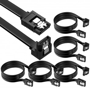 Storite 5 Pack SATA 3 90 Degree Right Angle to Straight 6.0 Gbps Data Cable with Locking Latch for HDD & SSD - (Black, 60 cm)