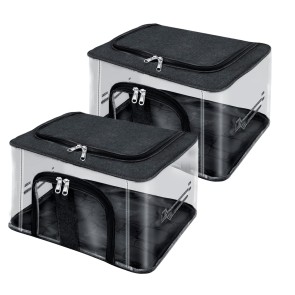 Storite 2 Pack Nylon 33 L PVC Transparent Moisture Proof Storage box for Clothes Closet Wardrobe Organizer Bag for Clothes with Carry Handle - (Black, 44 x 31 x 24 cm)