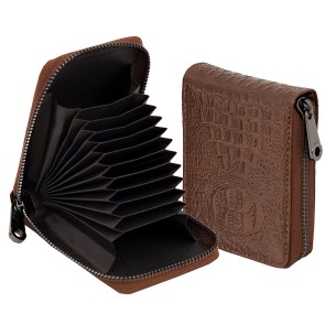 NISUN 10 Slot PU Leather Textured Vertical Credit Debit Card Holder Money Wallet Zipper for Men & Women- ( Brown, 8 X 2 X 11.5 cm )