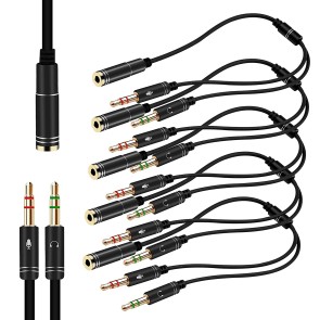 DAHSHA 5PK Gold Plated 3.5mm 2 Male to 1 Female Headphone Earphone Mic Audio Y Splitter Cable For PC Laptop Stereo 3.5mm Y-Splitter AUX Cable(33cm) -Black