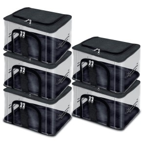 Storite 5 Pack Nylon 33 L PVC Transparent Moisture Proof Storage box for Clothes Closet Wardrobe Organizer Bag for Clothes with Carry Handle - (Black, 44 x 31 x 24 cm)