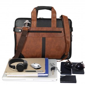 Storite PU Leather 14 inch Laptop Shoulder Messenger Sling Office Bag for Men & Women – (40 x 29 x 6 cm, Black/Brown)