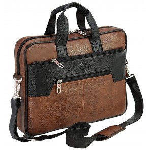 Storite PU Leather 14 Inch Laptop Messenger Shoulder Sling Office Business Travel Bag for Men & Women (39cm x 29cm x 5.5cm, Black/Brown)