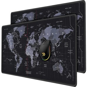 2 Pack (900x400x2.5mm) Extra Large World Map Print Gaming Extended Mouse Pad with Stitched Embroidery Edges, Non-Slip Rubber Base for Laptop/Computer - Black
