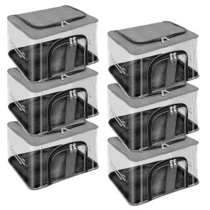 Storite 6 Pk Nylon 33 L PVC Transparent Moisture Proof Storage box for Clothes Closet Wardrobe Organizer Bag for Clothes with Carry Handle & Transparent window - (Grey, 44 x 31 x 24 cm)