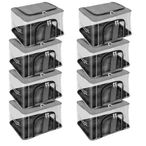Storite 8 Pk Nylon 33 L PVC Transparent Moisture Proof Storage box for Clothes Closet Wardrobe Organizer Bag for Clothes with Carry Handle & Transparent window - (Grey, 44 x 31 x 24 cm)