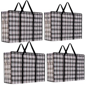 Storite 4 Pack Large and Reusable Plastic Water Resistance Checkered Storage Laundry Bag with Zipper & Handles for Shopping, Storage Organizer Bag (65 x 23 x 54 cm)