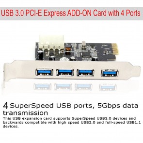 Wholesale USB 3.0 PCI-E Express ADD-ON Card with 4 Ports and 5V 4-Pin Power Connector for Desktop PC