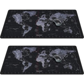 2 Pack (600x300x2.5mm) Large World Map with Standard Time Zone Print Gaming Extended Mouse Pad with Stitched Embroidery Edges, Non-Slip Rubber Base for Laptop/Computer - Black