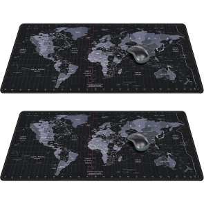 2 Pack (900x400x2.5mm) Extra Large World Map with Standard Time Zone Print Gaming Extended Mouse Pad with Stitched Embroidery Edges, Non-Slip Rubber Base for Laptop/Computer - Black