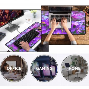 RiaTech Extra Large Size (900mm x 400mm x 2mm) Extended Gaming Mouse Pad Desk Pad Mat with Stitched Embroidery Edge, Non-Slip Rubber Base Waterproof Mousepad for Laptop/Computer- Purple Flowers Design