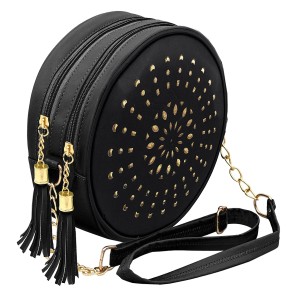NISUN PU Leather Stylish Trendy Perforated Design Round Sling Crossbody Bag Cosmetic Sling Bag For Women With Adjustable Straps - (21 x 7.5 CM)