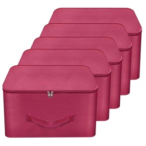 Storite 5 Pack Nylon Wardrobe Bag Underbed Moisture Proof Cloth Storage Organizer, Storage box for Clothes Saree Bags with Zippered Closure & Handle (Magenta, 37x35x23 cm) Square