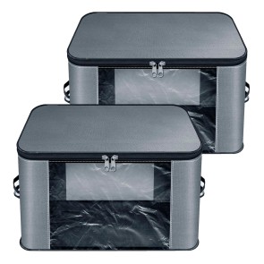 Storite 2 Pack Nylon Wardrobe Bag with Transparent Pocket Underbed Moisture Proof Storage Organizer, Storage box for Clothes Saree Bags with Zippered Closure & Handle (Grey, 37x35x23 cm) Square