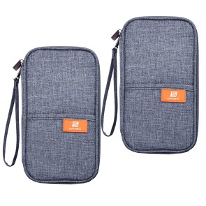 DAHSHA Men's Nylon 2 Pack Travel Family Passport Holder Wallet Organizer Case for Credit Debit Card Ticket Coins Money Cash Currency Boarding Pass Pen with Removable Hand Strap (Grey)